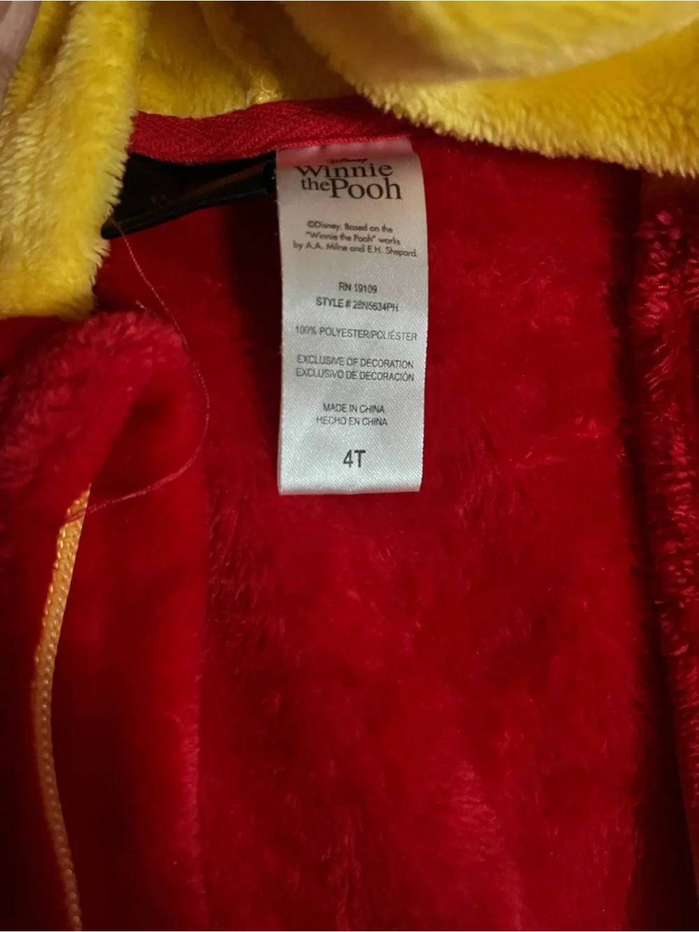 Winnie the Pooh Plush Hooded One-Piece - Yellow & Red